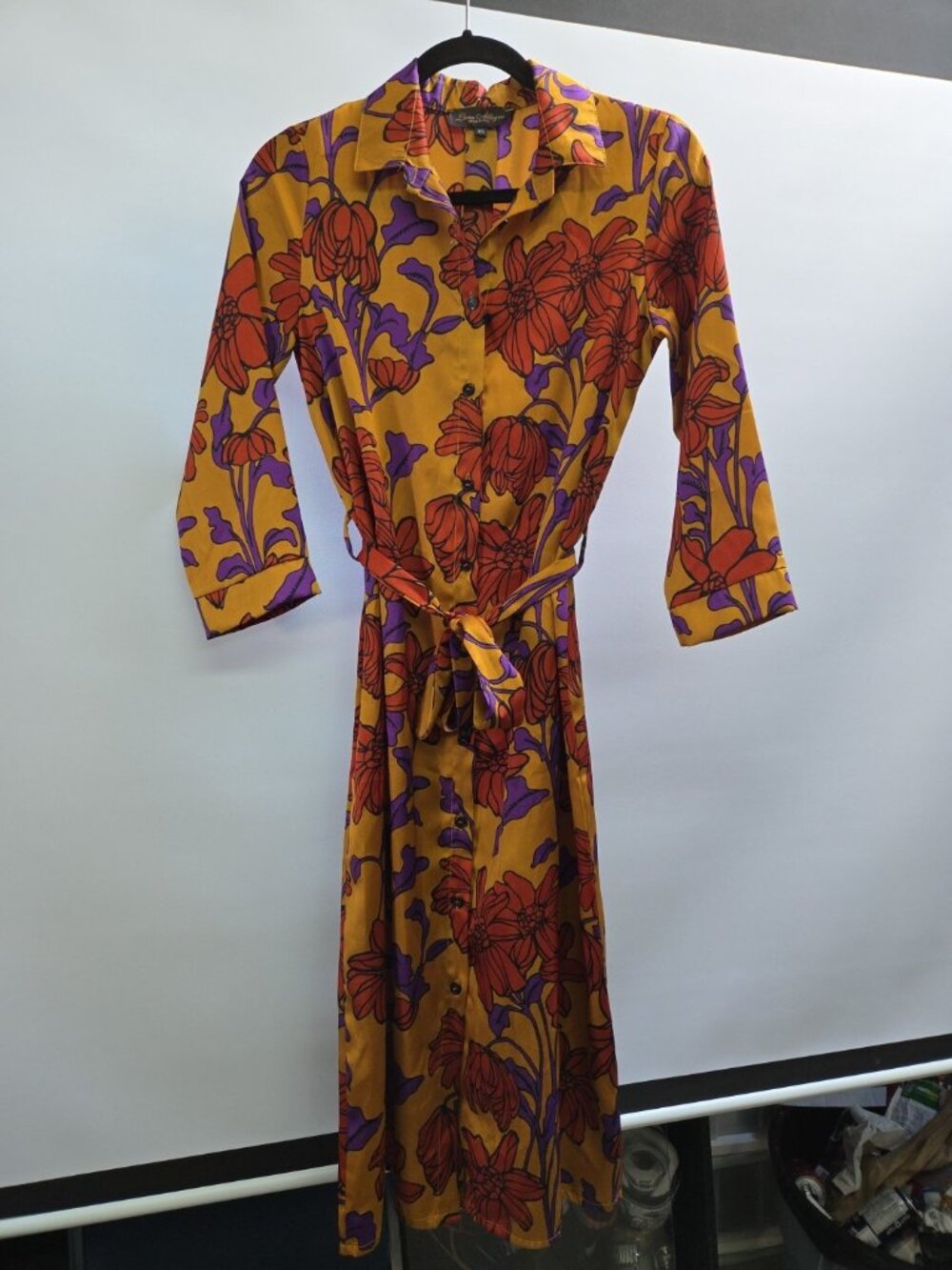 Luna Allegra Polyester Red Flower Dress XS Button Up Collar Sleeves Belt Purple